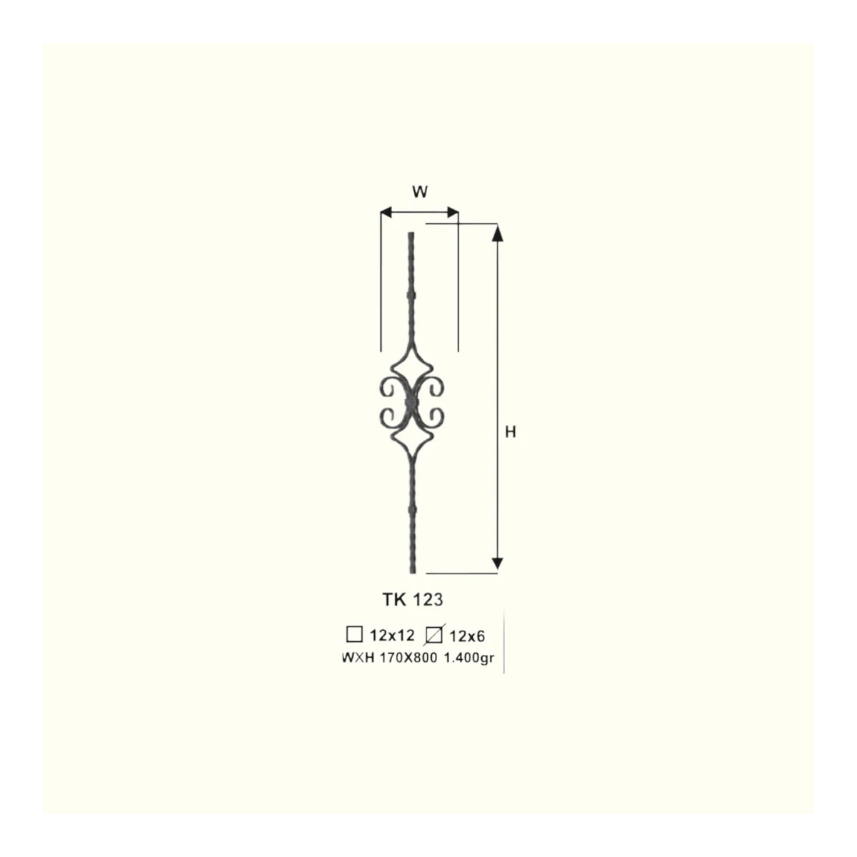 Декоративен прът от ковано желязо TK123 (11,5*5,5 mm) 170*800 mm, 170*800 mm